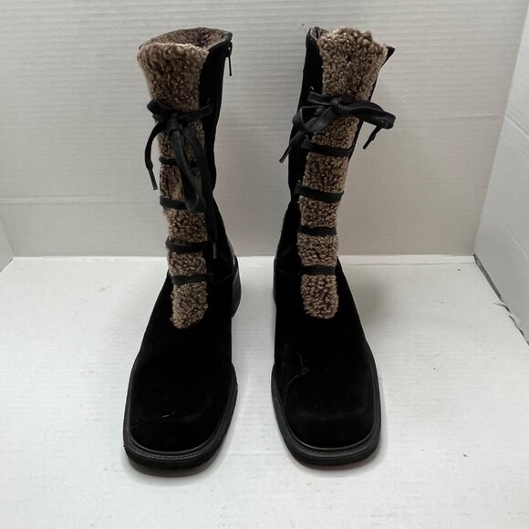 Stuart Weitzman Black Suede Brown Faux Fur Lined Stacked Heel Boot Zip Up 8.5 - Picture 2 of 11